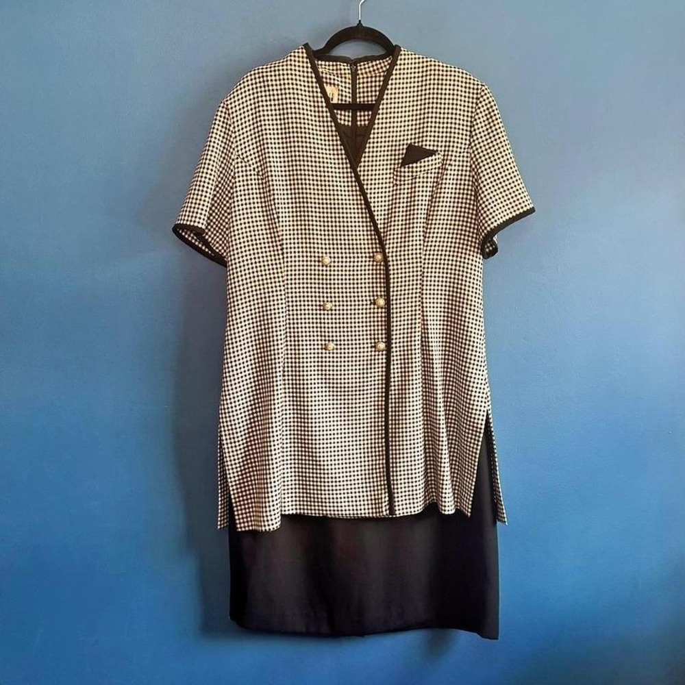 Vintage Blazer Dress Women's Size 16 Leslie Flay‎ Black White Gingham Retro Plus